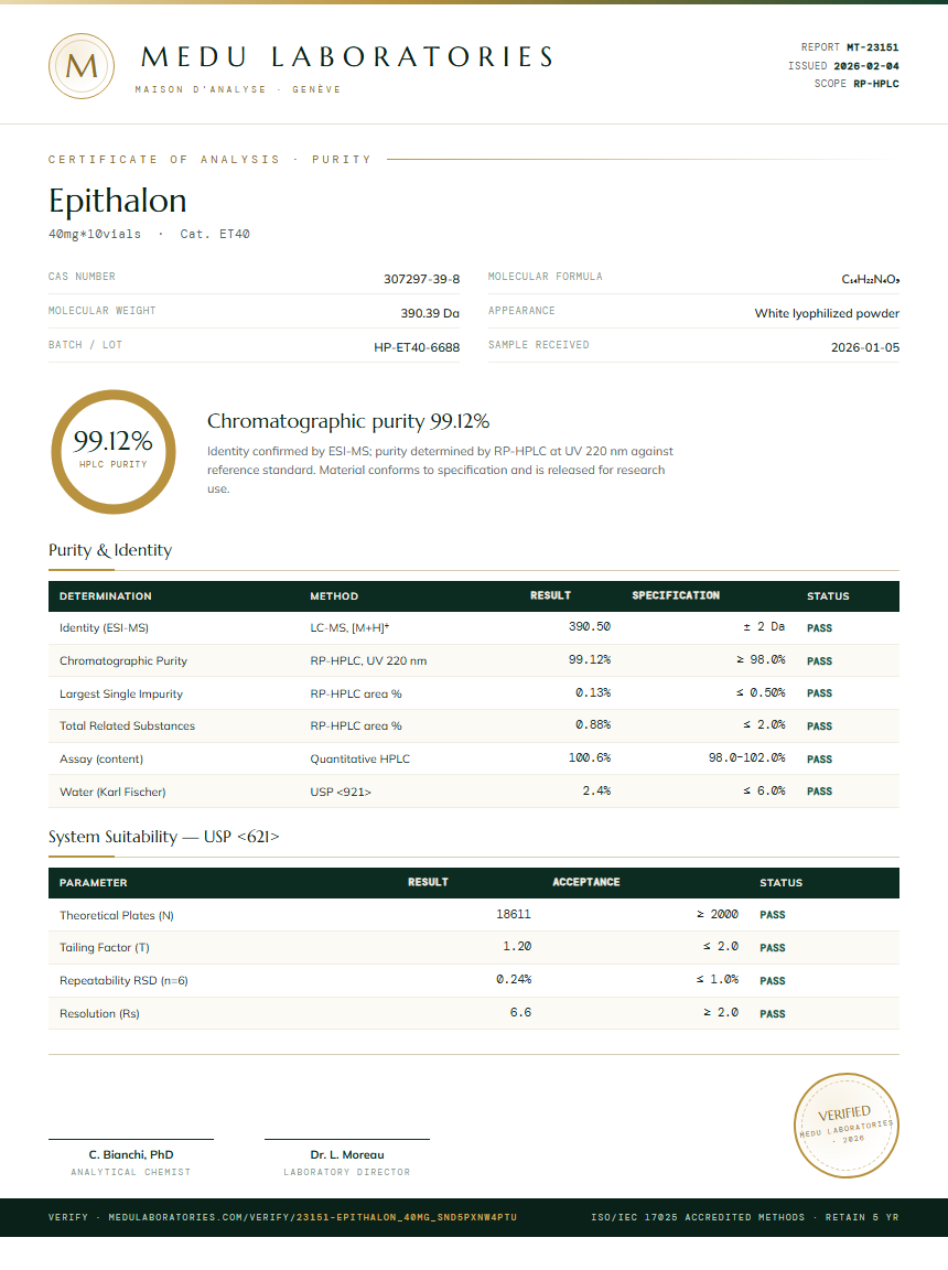 Epithalon Purity Test Report by Medutest